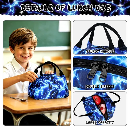Vista 8 de Mochila para niños y niñas, juego de mochila para niños, bolsa ligera con lonchera y bolsa para lápices para primaria primaria Relámpagos.