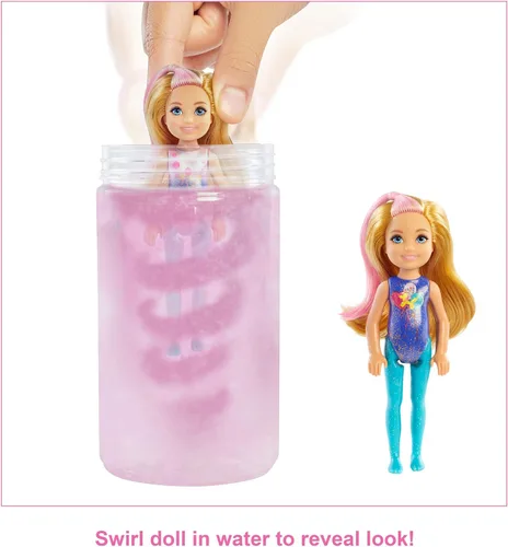 Vista 3 de Muñeca Barbie Color Reveal con 6 sorpresas: 4 bolsas con falda o pantalón zapatos tiara y globo el agua revela el aspecto de la muñeca