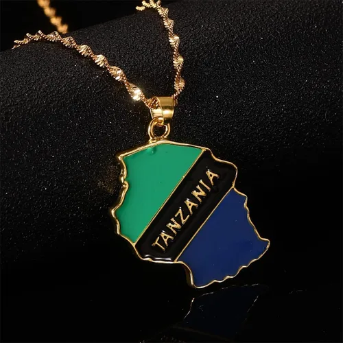 Vista 2 de Tanzania mapa bandera colgante collares Tanzanian joyería para mujeres hombres, plata, (G167), Estrás, No es una piedra preciosa