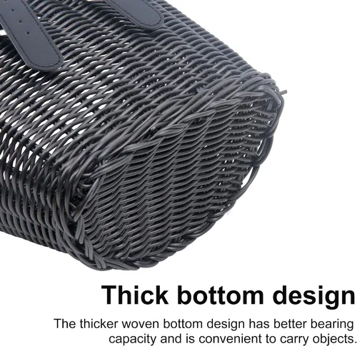 Vista 4 de Cestas de plástico tejidas para bicicletas, cesta delantera en forma de D para bicicleta Contenedor de almacenamiento para manillar con 2 correas