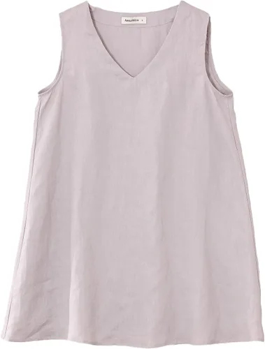 Vista 2 de Amazhiyu Blusa larga sin mangas de lino con cuello en V para mujer, estilo casual, para verano