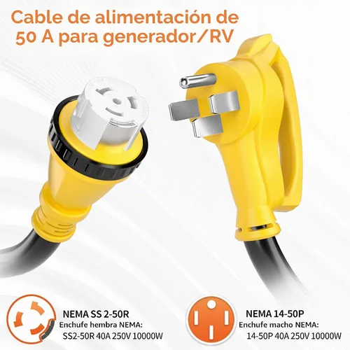Vista 2 de NEMA14-50P/SS2-50R - Cable generador de 25 pies y 50 amperios con bloqueo giratorio