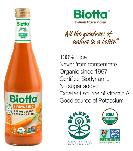 Vista 2 de Biotta Zumo de jengibre orgánico de zanahoria y naranja – Jugo 100% vegetal para energía, inmunidad y bienestar – Excelente fuente de nutrientes