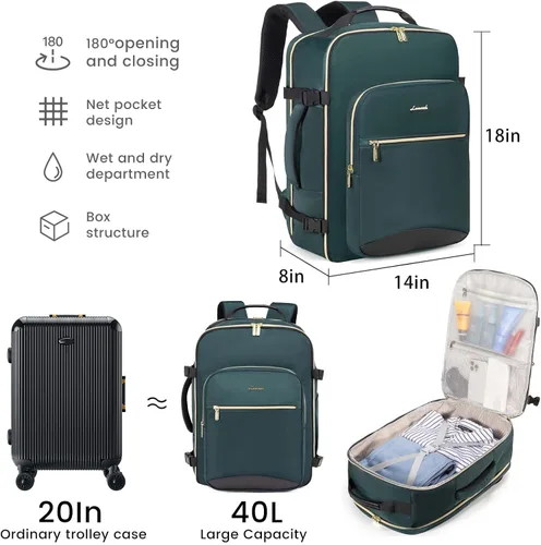 Vista 2 de LOVEVOOK Mochila de viaje grande de 40L para mujeres y hombres, mochila de transporte de 17 pulgadas para viajar en avión, bolsa de viaje