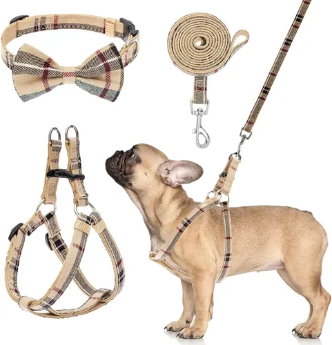 Vista 16 de Juego de arnés para perro con correa y collar de corbatín - Arnés para cachorro a cuadros beige, a prueba de escape, chaleco ajustable sin tirones