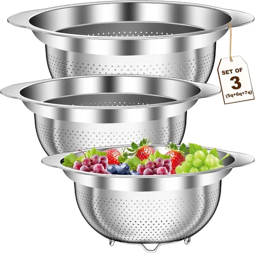 Vista 10 de Colador de acero inoxidable con tazón para mezclar, lavadora de arroz, colador para cocina, colador de arroz, lavado de frutas y verduras, colador