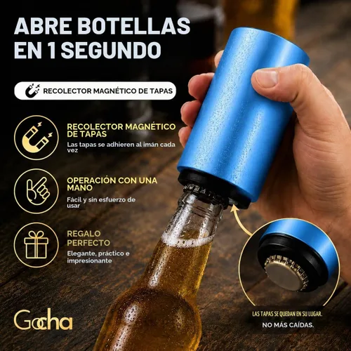 Vista 2 de GOCHA Abridor magnético de botellas de cerveza con receptor automático de tapa – Dispositivo de empuje de acero inoxidable, herramienta de barra
