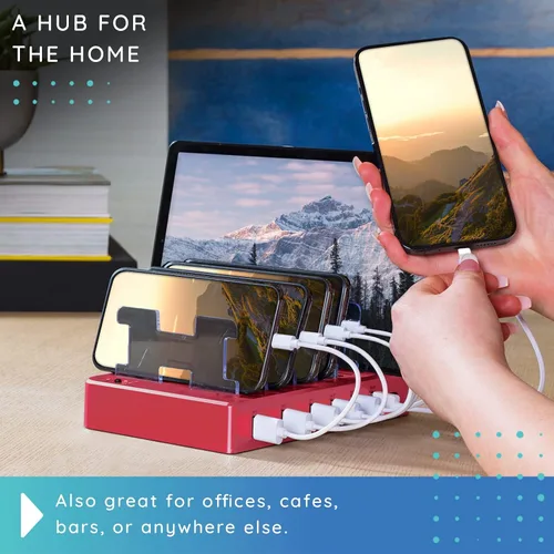 Vista 5 de Estación de carga para múltiples dispositivos – Base de carga USB de 6 puertos para Apple y Android – Organizador de carga múltiple rápida