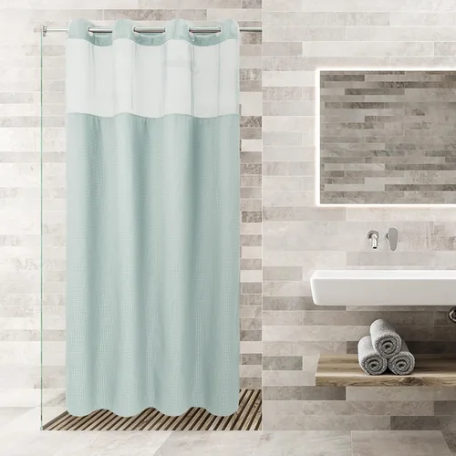 Vista 74 de Cortina de baño River Dream de gran peso sin ganchos necesarios con diseño de gofre punteado y forro a presión - 36W x 74H, de calidad hotelera