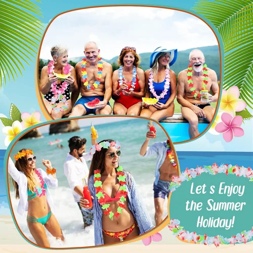 Vista 4 de Jexine 250 piezas de Leis hawaianos a granel Luau decoraciones de fiesta hawaianas tropicales diademas y pulseras de flores Lei para regalos