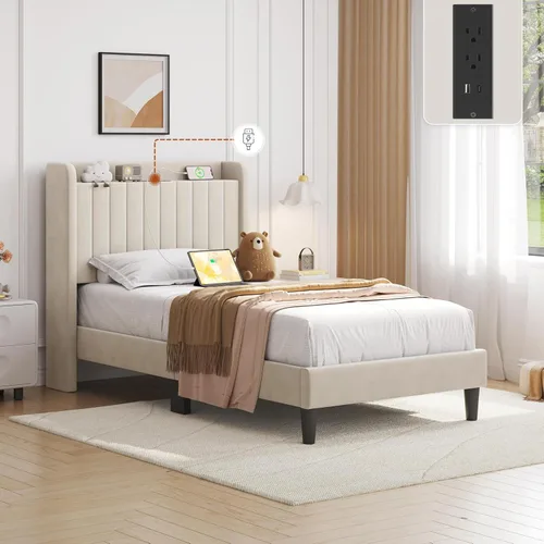 Vista 3 de Yaheetech Base de cama de plataforma doble, cabecera lateral tapizada con estación de carga USB y estante de almacenamiento, soporte de listones