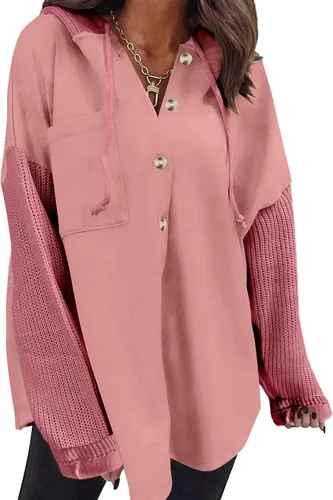 Vista 22 de SHEWIN - Sudadera de gran tamaño para mujer, de ajuste holgado, casual, manga larga, con botones, con capucha y bolsillos a gris