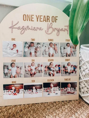 Vista 2 de One year of Baby Photos First Birthday Wood Acrylic Sign Milestones Sign Monthly Photos 12 Months of First Year Sign Laser Engraved Wood