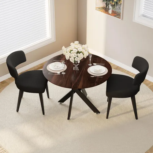 Vista 3 de Juego de mesa de comedor de madera para 2, mesa de cocina redonda de 36 pulgadas con 2 sillas de comedor Boucle, mesa de MDF con patas de metal