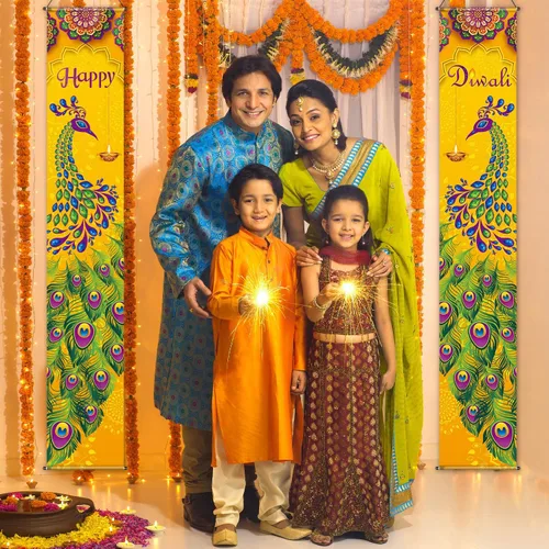 Vista 4 de Blulu Cartel de feliz Diwali para porche, decoración de Diwali para el hogar, pavo real, puerta, letrero de bienvenida, telón de fondo, decoración