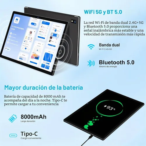 Vista 5 de Tablet 2026, tabletas Android 15 de 10 pulgadas 22GB+128GB+1TB Expand, tableta electrónica 2 en 1 Octa-Core con funda de teclado y mouse, batería