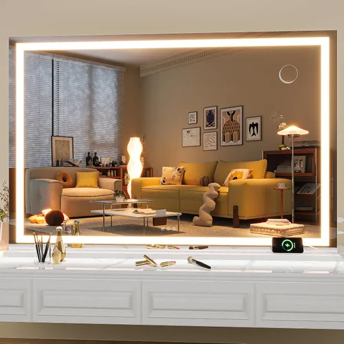 Vista 35 de Hasipu Espejo de tocador con luces, espejo LED de maquillaje de 31.5 x 22 pulgadas, espejo de maquillaje iluminado con 3 modos regulables, espejo