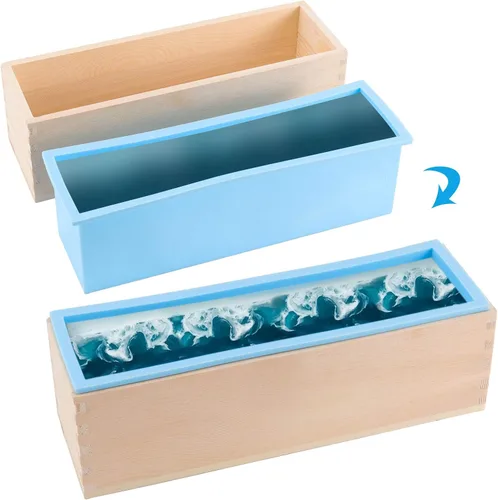 Vista 5 de Juego de 3 moldes de jabón de silicona azul de 45 onzas, moldes rectangulares flexibles para hacer jabón con caja de madera, cubiertas de madera