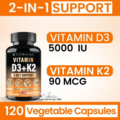 Vista 10 de VITBOOST Complejo de vitamina D3 K2 – Fácil de tragar – Vitamina D (D3) 5000 UI (125 mcg) y K2 (MK-7) 90 mcg Sin OGM Sin gluten Fabricado