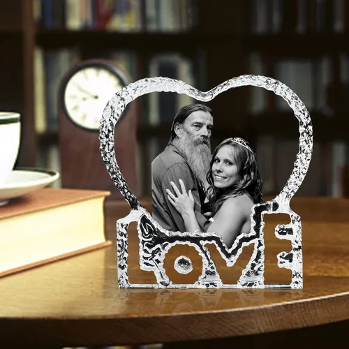 Vista 4 de Marco de fotos de cristal con tu propia foto y texto grabado, diseño de amor personalizado en forma de corazón, regalo de mesa, regalos de cristal