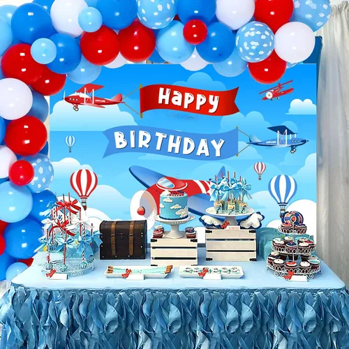 Vista 4 de Sursurprise Decoraciones de fiesta de cumpleaños con temática de avión, kit de arco de guirnalda de globos para suministros de fiesta de cumpleaños