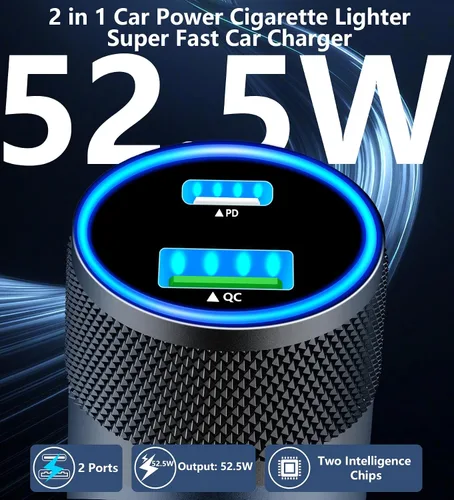 Vista 5 de [Apple MFi Certified] iPhone Fast Car Charger, Rombica 52.5W USB-C PD&QC3.0 Car Power Cigarette Lighter USB Charger Adapter with 2Pack Lightning