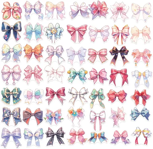 Vista 6 de Calcomanías estéticas de lazos para niñas, 50 calcomanías vintage de anime con nudo de lazo, vinilo impermeable con lazos rosas para botella de Arcos