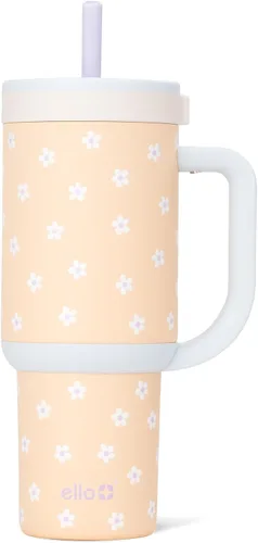 Vista 24 de Ello Oasis Vaso de 24 oz con asa y popote retráctil Taza reutilizable de acero inoxidable aislada 100% a prueba de fugas, regalos