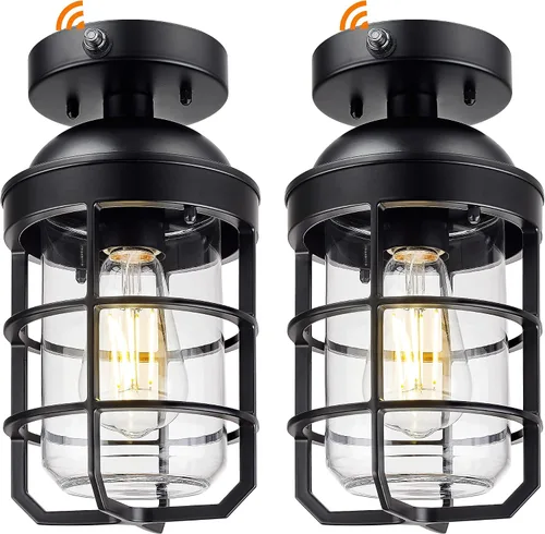 Vista 14 de Emliviar Lámpara de techo estilo granja, luz semiempotrada vintage para interior, luz de seguridad con vidrio templado transparente, acabado