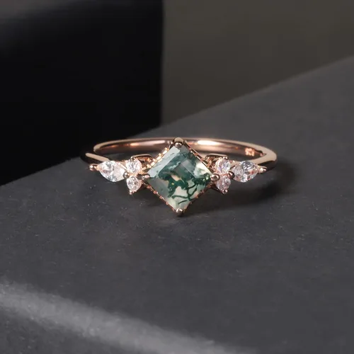 Vista 4 de Gem's Beauty Anillos de compromiso de ágata musgo verde de 14 quilates, oro rosa de 14 quilates, plata de ley 925, anillo de compromiso de tres