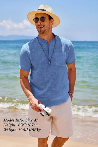 Vista 3 de COOFANDY - Camisetas henley de algodón y lino para hombre, manga larga, con bolsillo, de estilo hippie, informal, para la playa