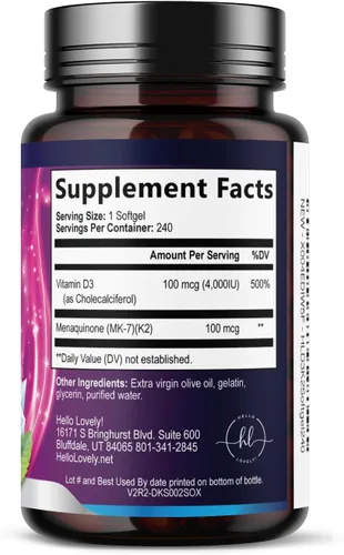 Vista 9 de Suplemento de vitamina D con K2 (MK-7) 4000IU - Vitamina D3, suplemento natural del complejo D3K2 para huesos, dientes, músculos, absorción
