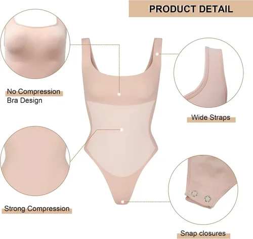 Vista 4 de SHAPERX Body para mujer con control de abdomen, faja moldeadora de cuello redondo, tanga, moldeadora de cuerpo, camiseta sin mangas