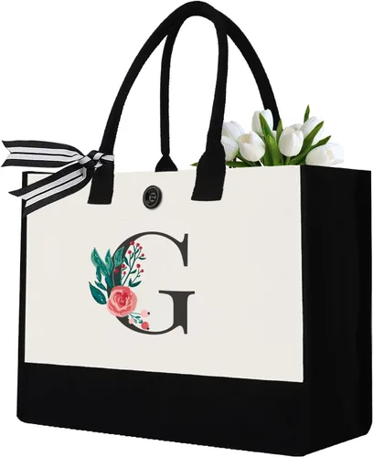 Vista 10 de Initial Canvas Tote Bag, Monogrammed Tote Bags Suitable for Mother's Day Wedding Beach