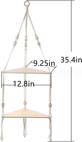 Vista 3 de Estante colgante de macramé, estante colgante triangular de madera de 2 niveles, hecho a mano, estantes esquineros de cuerda tejida a mano, estante
