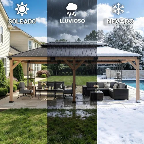 Vista 3 de Gazebo de madera para exteriores de 12 x 20 pies, cenador de techo rígido con doble techo de acero galvanizado, kiosco de patio con patas de madera