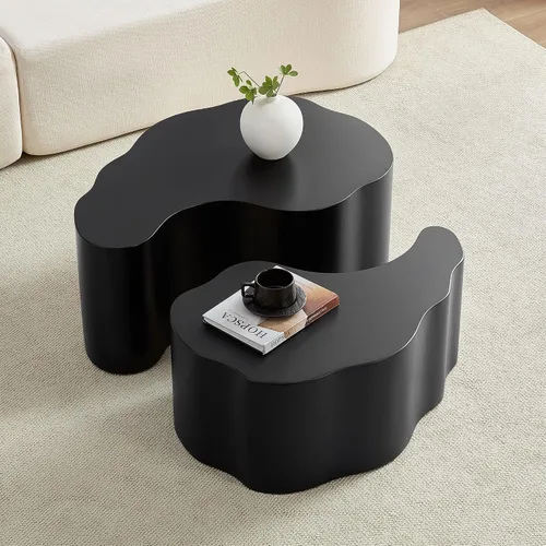 Vista 11 de Juego de 2 mesas de centro redondas negras de 55.12 pulgadas, mesa lateral moderna para sala de estar, diseño contemporáneo de círculo de madera