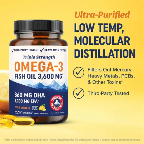 Vista 5 de Aceite de pescado DHA Omega 3 de triple fuerza 3600 mg Más de 2100 mg de ácidos grasos omega-3 con 860 mg de DHA 1300 mg EPA Los mejores