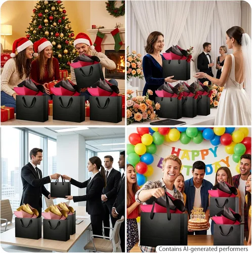 Vista 3 de 12 bolsas de regalo grandes de 13 x 5 x 10 pulgadas, bolsas de regalo grandes color negro mate con asas para el día de Acción de Gracias y todas