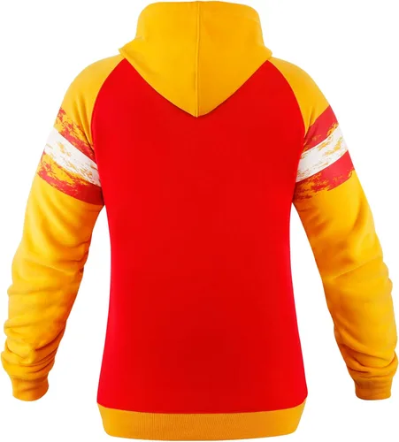Vista 4 de Sudadera con capucha para mujer, cuello en V, suave, cálida, color rojo y amarillo