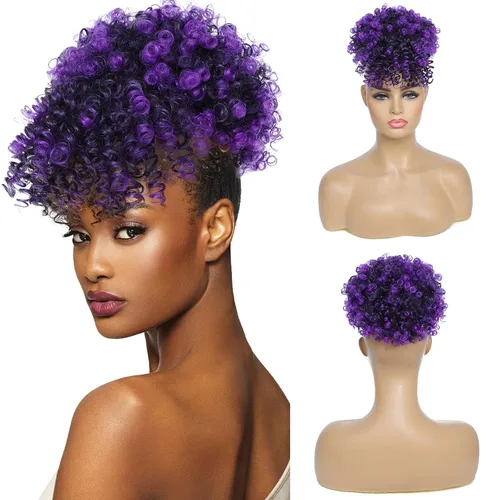 Vista 17 de Cola de caballo con cordón y flequillo, extensiones de cola de caballo afro para mujer, cola de caballo corta y rizada con flequillo con clip para 1b