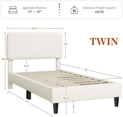 Vista 2 de Yaheetech Estructuras de Cama Individual con Cabecera Ajustable, Cabecera Tapizada de Tela de Chenilla/Cama de Plataforma, Estructura de Cama