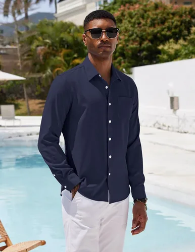 Vista 3 de COOFANDY Camisa casual con botones para hombre, camisa de cambray de lino de manga larga