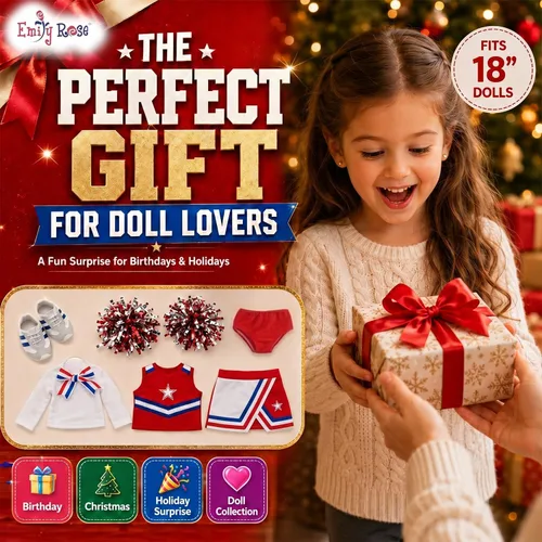 Vista 5 de Emily Rose Traje de animadora de muñeca de 18 pulgadas, sin muñeca, juego completo de uniforme de animadora de 7 piezas con pompones, zapatos, lazo