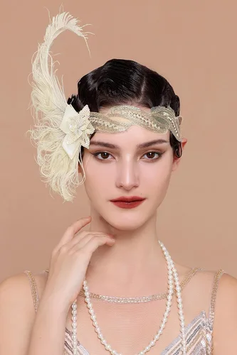Vista 2 de BABEYOND Diadema de plumas de pavo real de los años 20, accesorios de Gatsby para mujer con lentejuelas Beige