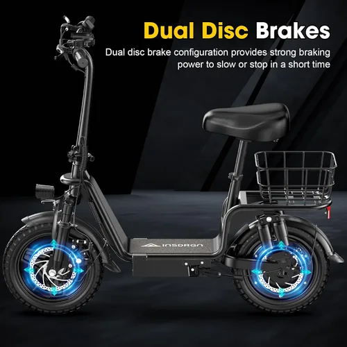 Vista 4 de INSDRGN Scooter eléctrico para adultos con asiento, motor pico de 1000 W, 48 V, 10.4 AH, scooter eléctrico plegable, neumáticos de 14 pulgadas, 20