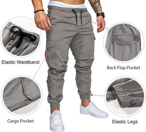 Vista 2 de JMIERR Pantalones cargo de moda para hombre, casuales, de algodón, elásticos, de sarga con cordón, pantalones deportivos con 6 bolsillos
