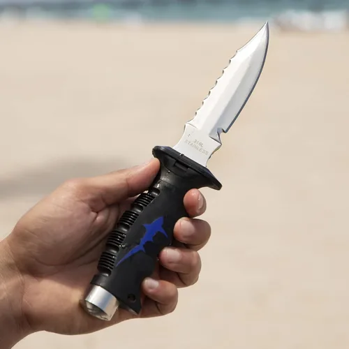Vista 5 de Cuchillo de buceo de acero inoxidable 316L de 5 pulgadas con correa para la pierna y funda - Cuchillos de buceo premium con bordes dentados - Equipo