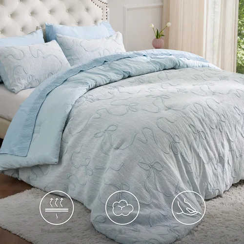 Vista 6 de Bedsure - Juego de edredón individual/King, juego de cama bohemio azul polvo capitoné, 3D, tipo jacquard, 2 piezas: 1 edredón estilo rústico chic