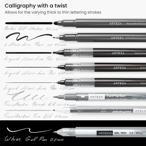 Vista 6 de ARTEZA Juego de 12 bolígrafos de mano para caligrafía y pincel con guía, lápiz, borrador para principiantes que aprenden letras a mano y escritura